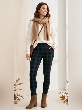 LOFT Black and Dark Green Plaid Stretch Leggings